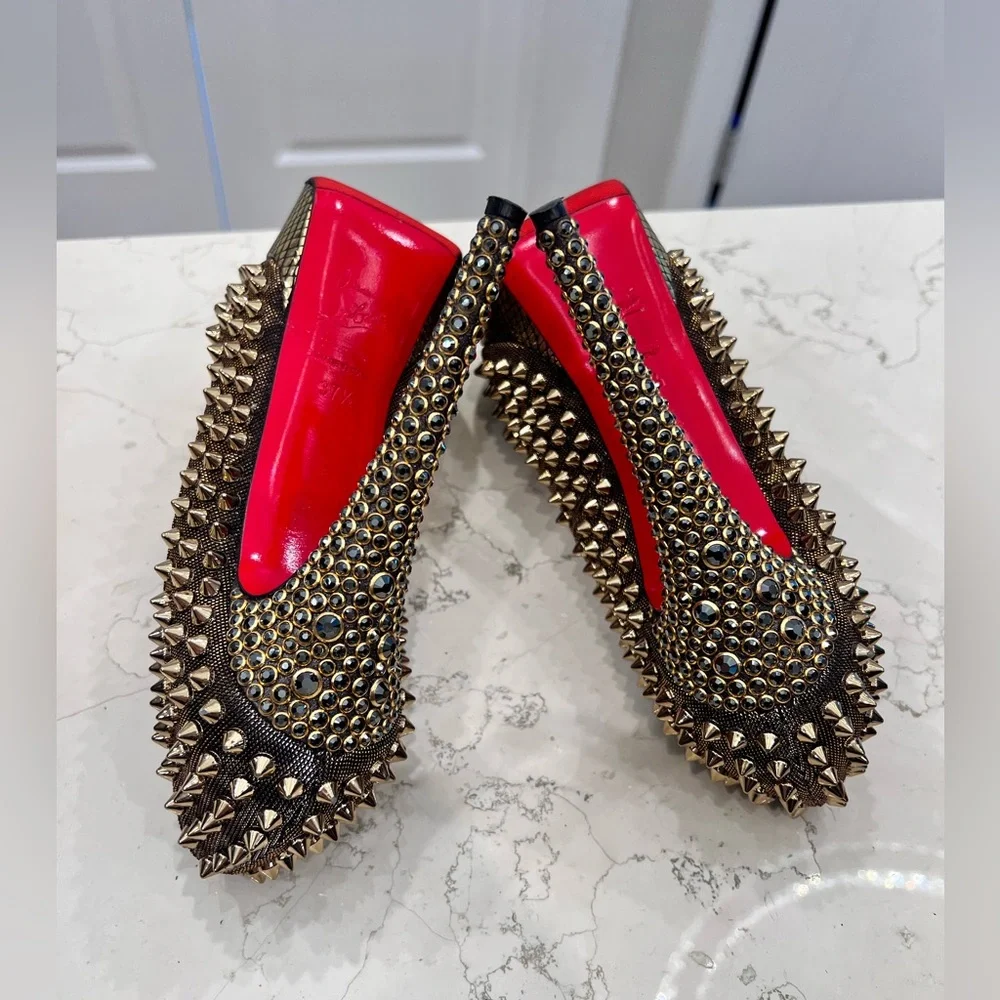 Rare Christian Louboutin Lady Peep Spikes Hematite/Bronze Strass 37.5 - Picture 12 of 15